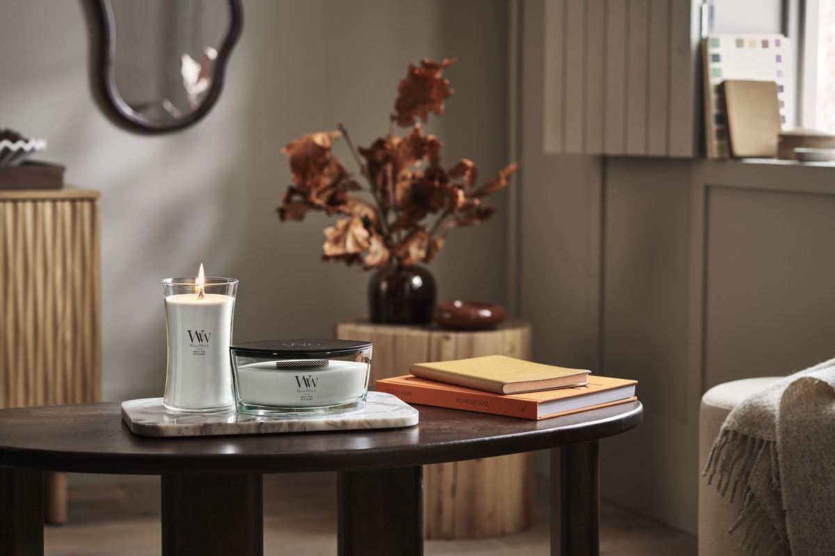 White Teak WoodWick Medium Hourglass Candle